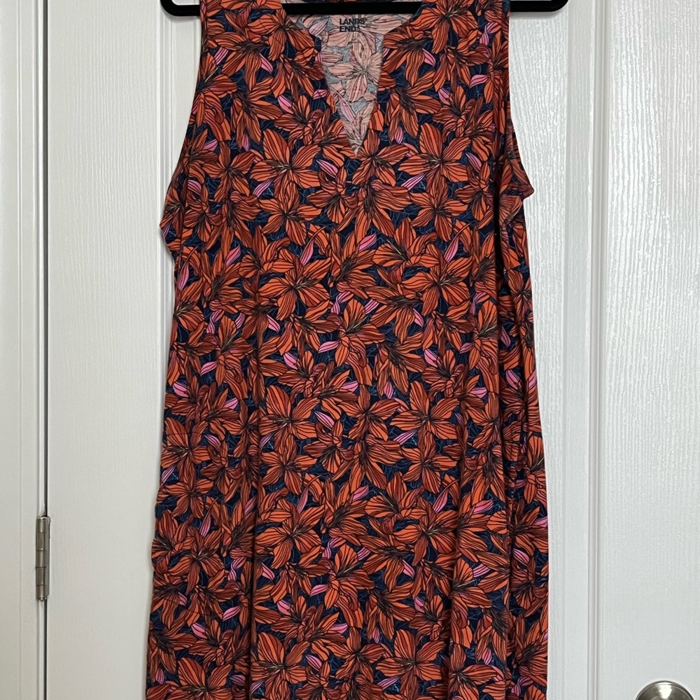 Lands' End Sleeveless Floral Dress in Orange, Navy & Pink